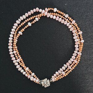 Vintage Sterling Silver 3-Strand Pink & Orange Pearl Necklace with Flower Clasp